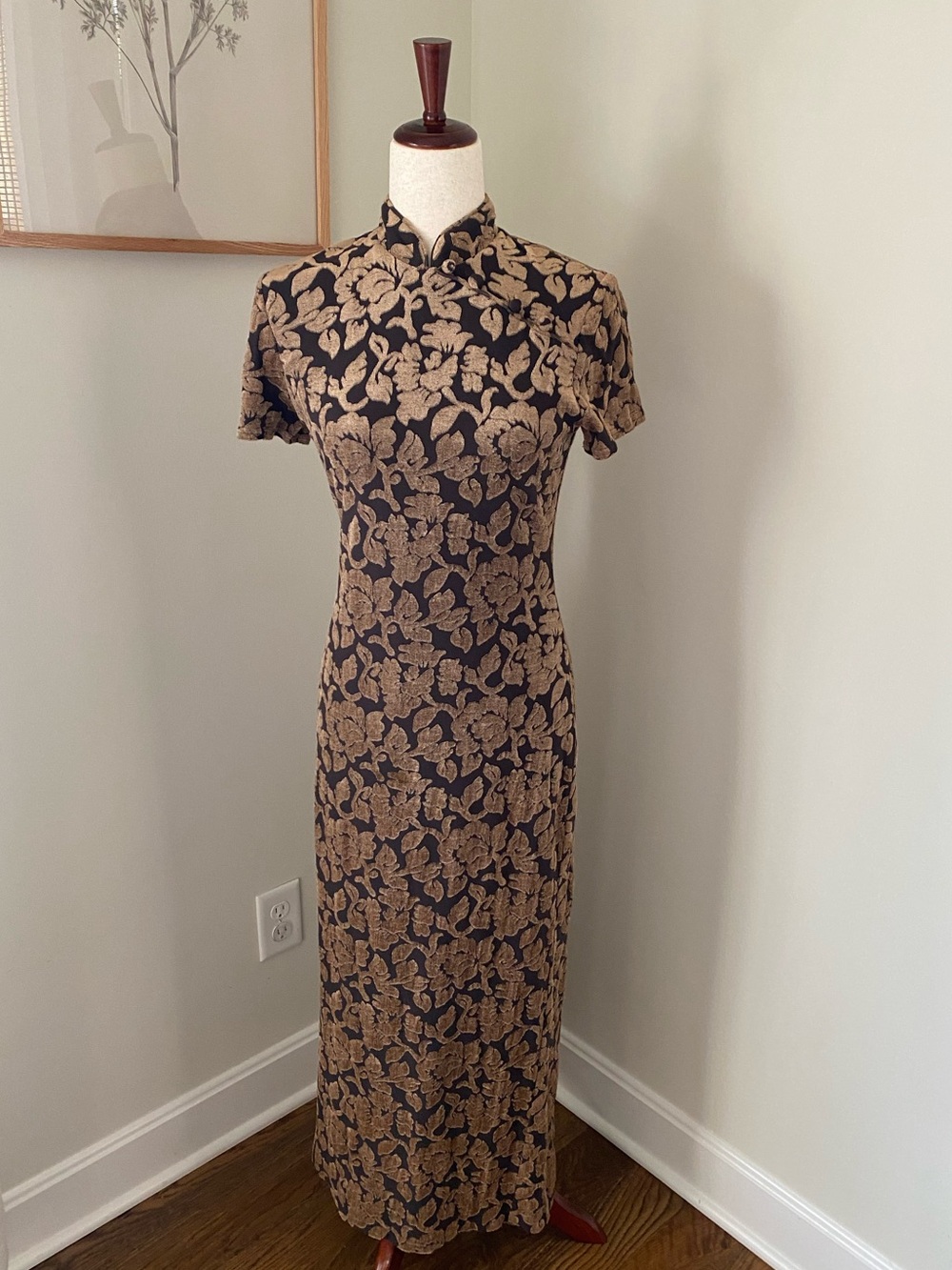 Vintage Joseph Ribkoff Chocolate Brown & Tan Floral Cheongsam Dress